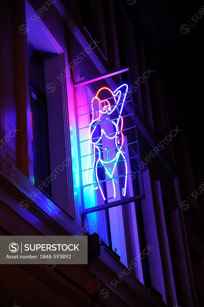 Woman as a neon sign, main station quarter, downtown, Antwerp, Flanders, Belgium, Benelux, Europe