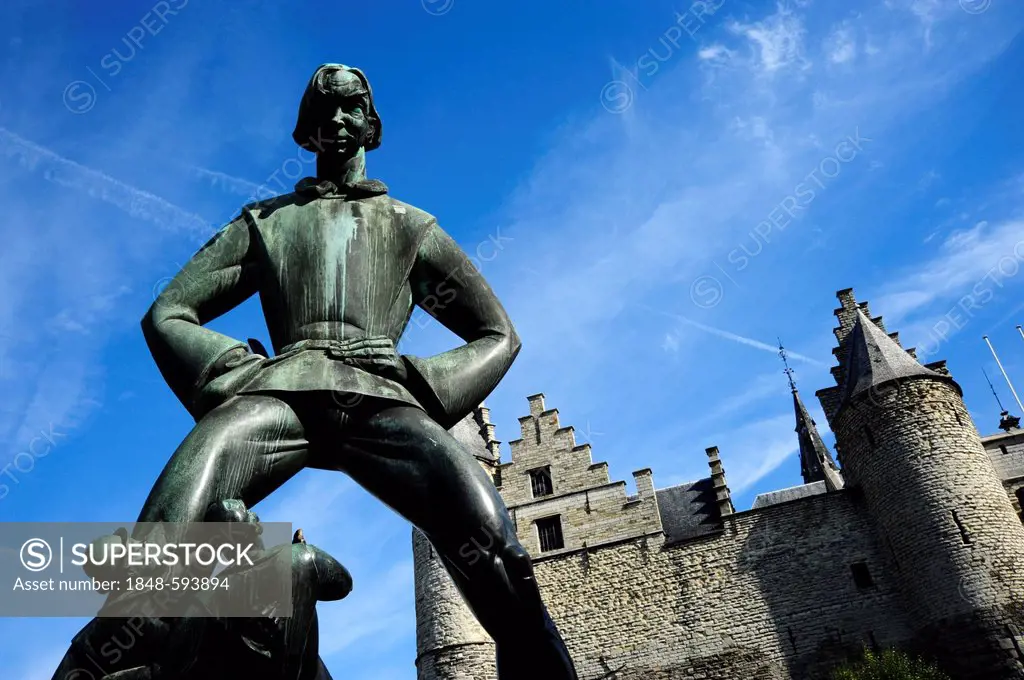 Lange Wapper statue in front of the Het Steen castle and museum, Antwerp, Flanders, Belgium, Benelux, Europe