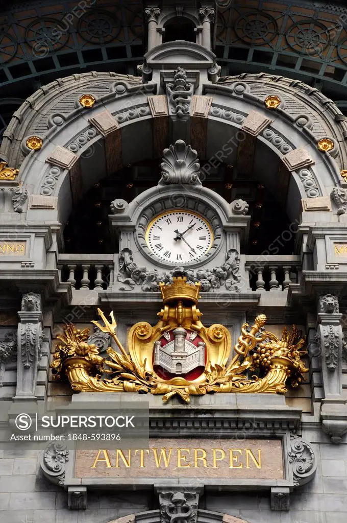 Clock in the Centraal Station central railway station, Antwerp, Flanders, Belgium, Benelux, Europe