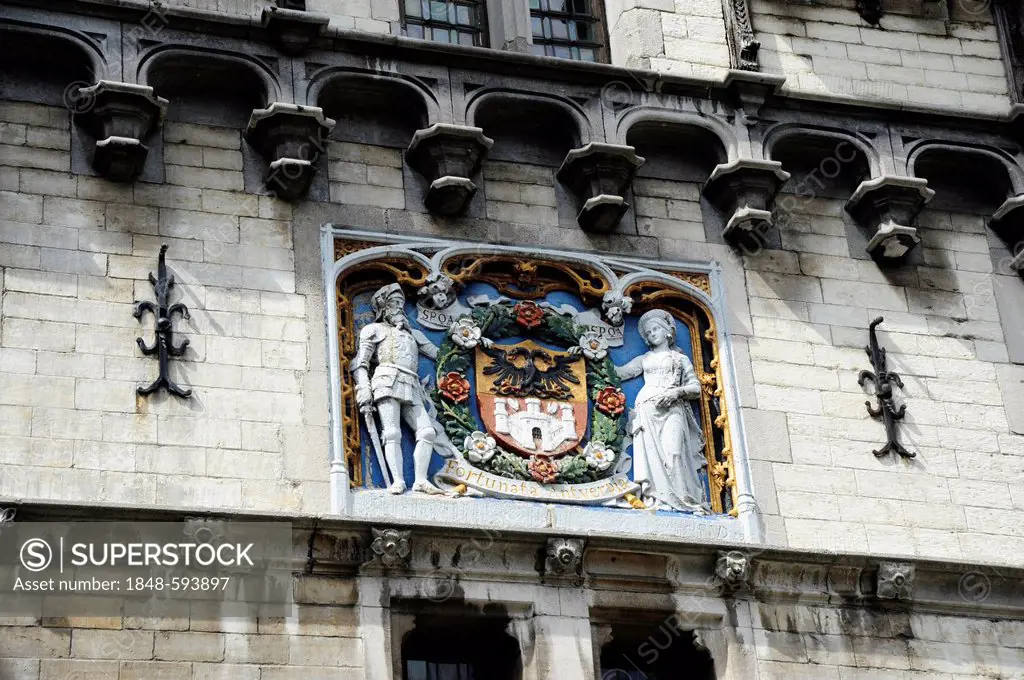 Medieval facade with coat of arms, museum and fortress Het Steen, Antwerp, Flanders, Belgium, Benelux, Europe