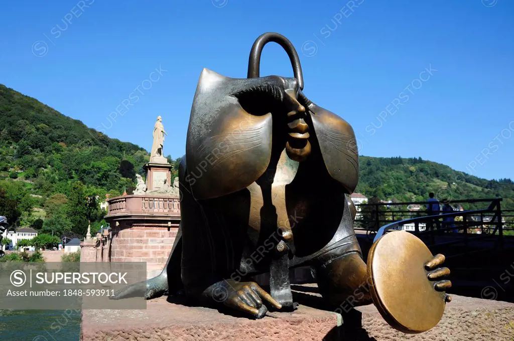 Brueckenaffe, bronze sculpture of a monkey next to the Alte Bruecke or Karl-Theodor-Bruecke bridge crossing the Neckar River, old town, Heidelberg, Ne...