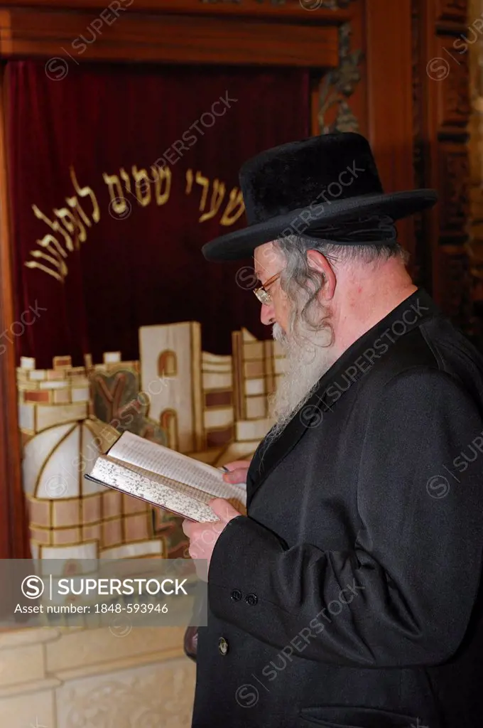 Orthodox Jew praying in front of the Torah cabinet at the covered part of the Western Wall, Wailing Wall, Old City, Arab Quarter, Jerusalem, Israel, W...