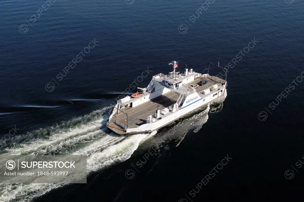 Aerial view of BC Ferry MV Kuper, off Vancouver Island, British Columbia, Canada