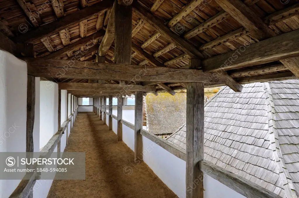 Interior view of the 80 meters long, faithfully reconstructed Celtic adobe wall, Heuneburg open-air museum near Hundersingen, district of Sigmaringen,...