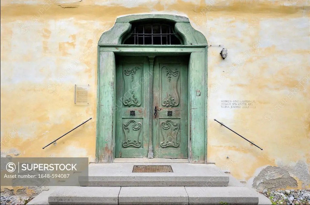 Old wooden door of the mansion in the former Heiligkreuztal Cistercian monastery near Riedlingen, built in 1756, Upper Swabia, district of Biberach, B...