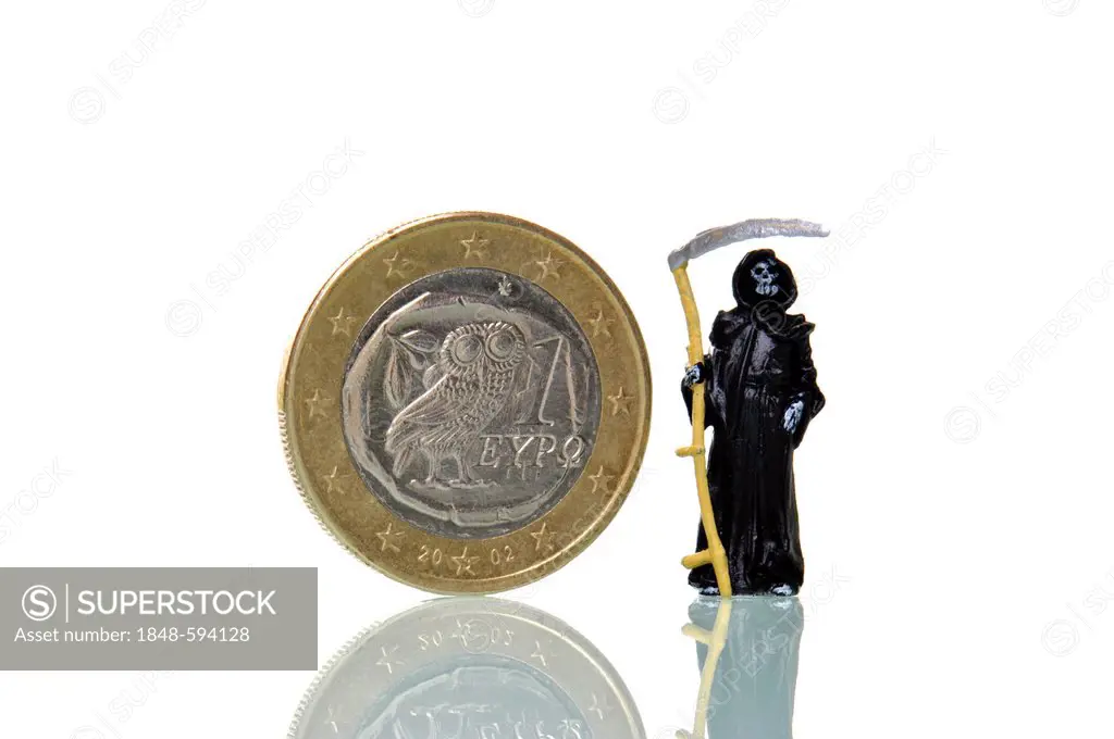 Death standing next to a Euro coin from Greece, symbolic image for Euro crisis