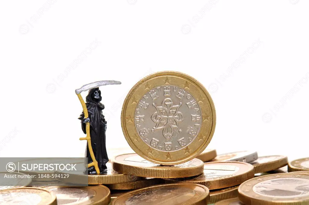 Death standing next to a Euro coin from Portugal, symbolic image for Euro crisis