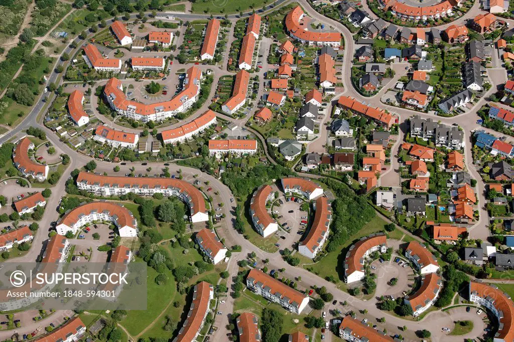 Aerial view, a city built in order to house the workers of the car factory, Volkswagen plant, Autostadt, Wolfsburg, Lower Saxony, Germany, Europe