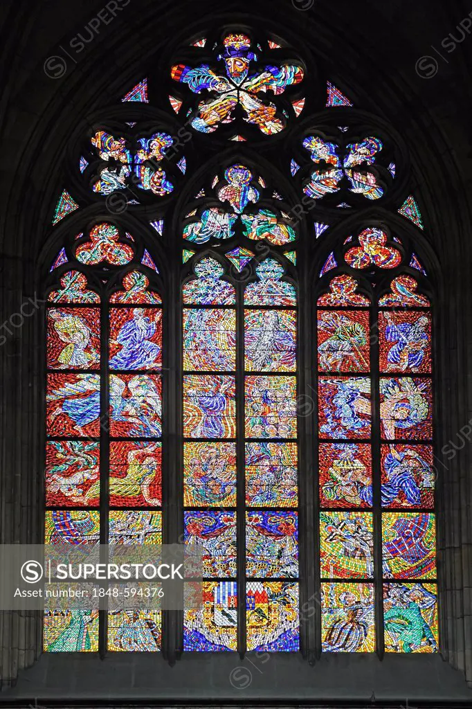 Stained-glass window in St. Vitus Cathedral, Prague Castle, Hradcany, Prague, Bohemia, Czech Republic, Europe