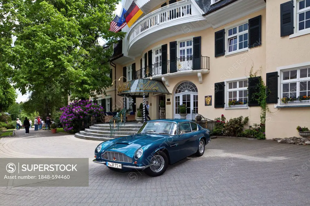 Aston Martin DB6 parked in front of Parkhotel Adler, luxury hotel, Hinterzarten, Baden-Wuerttemberg, Germany, Europe
