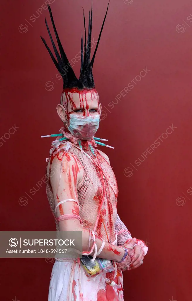 Young man, covered in fake blood, makeup, Wave-Gotik-Treffen festival, Leipzig, Saxony, Germany, Europe