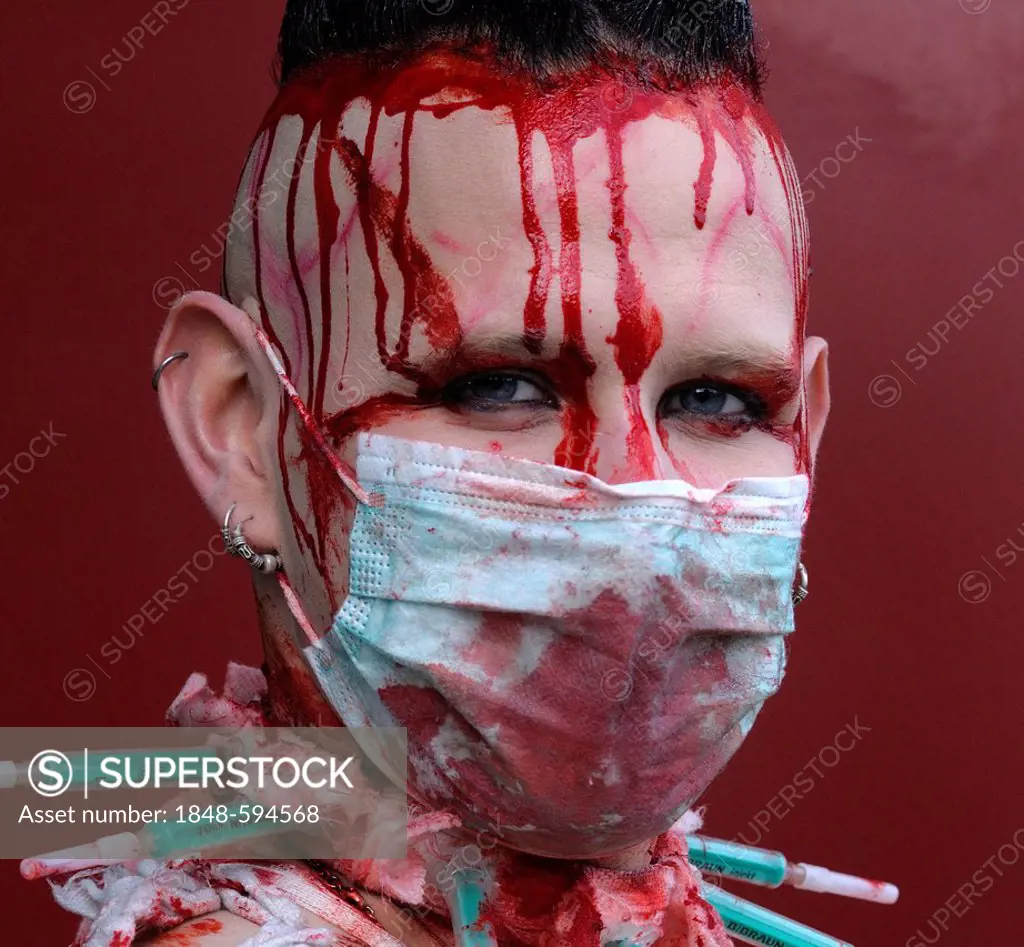 Young man, covered in fake blood, makeup, portrait, Wave-Gotik-Treffen festival, Leipzig, Saxony, Germany, Europe