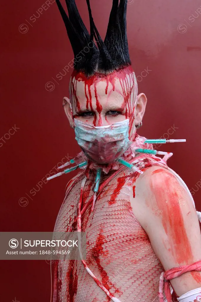 Young man, covered in fake blood, makeup, portrait, Wave-Gotik-Treffen festival, Leipzig, Saxony, Germany, Europe