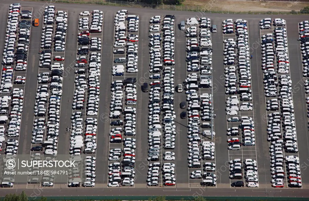 Aerial view, new cars, factory parking site, Volkswagen plant, Autostadt, Wolfsburg, Lower Saxony, Germany, Europe