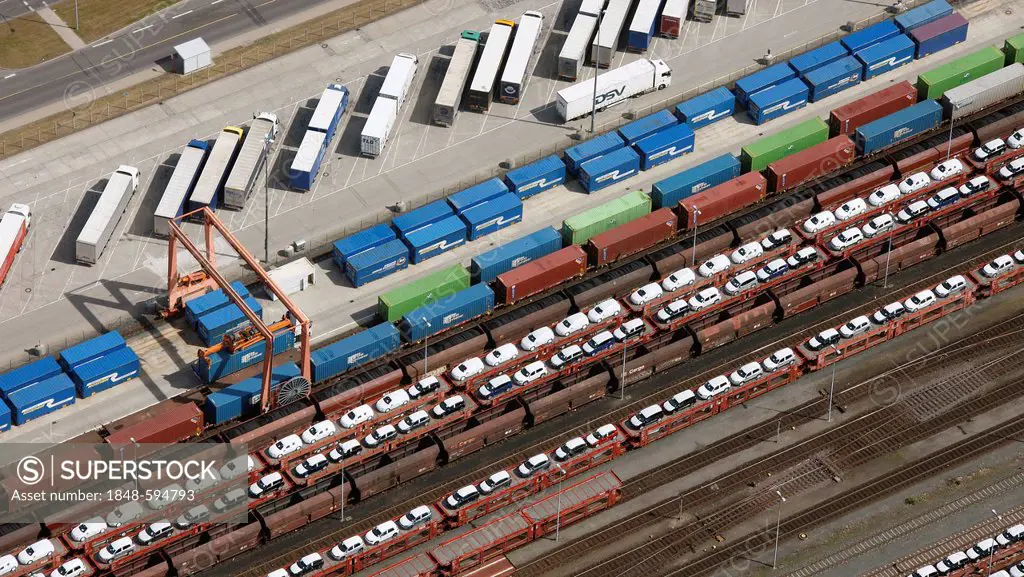 Aerial view, new cars, containers and rail loading, transportation of cars by train, Volkswagen plant, Autostadt, Wolfsburg, Lower Saxony, Germany, Eu...
