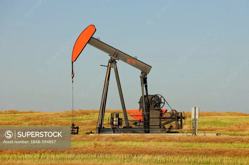 Oil pump producing oil in the prairie, Saskatchewan, Canada