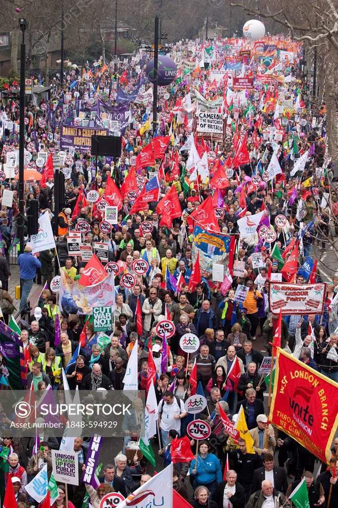 Trade Union members march at anti budget cuts demonstration in London, England, United Kingdom, Europe