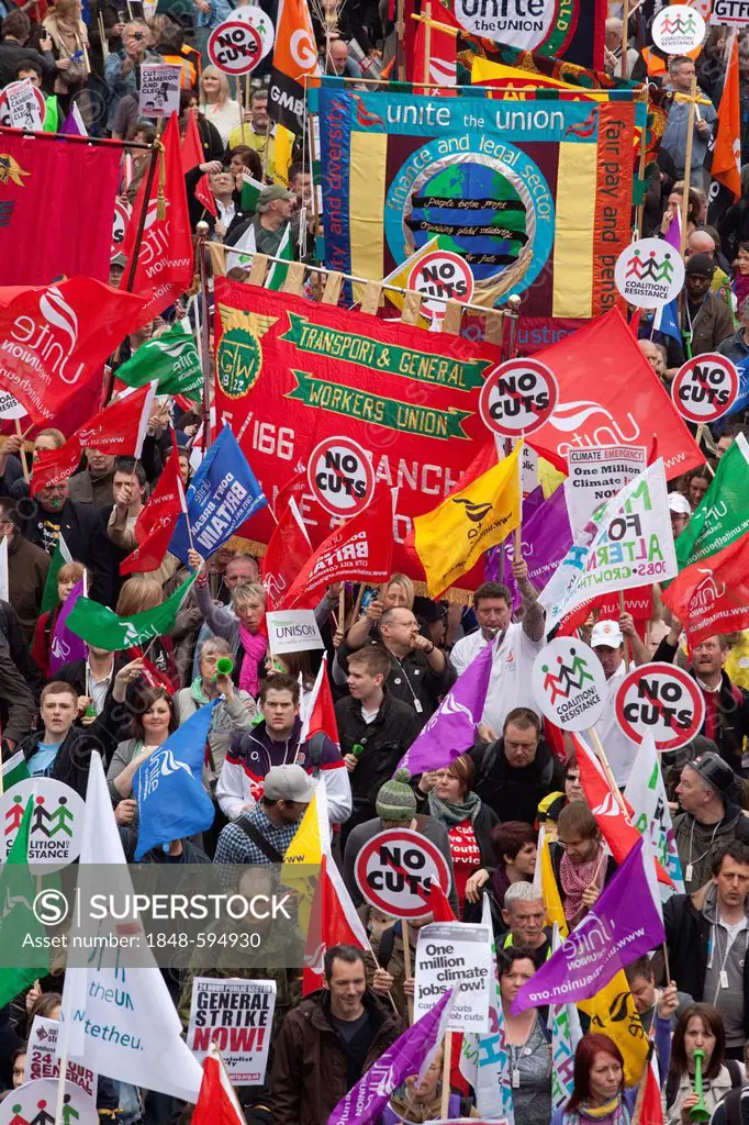Trade Union members march at anti budget cuts demonstration in London, England, United Kingdom, Europe