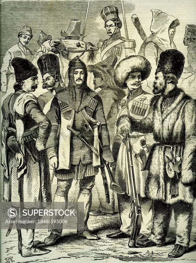 Irregular Russian Army, civilians, Russia, historical illustration, 1909