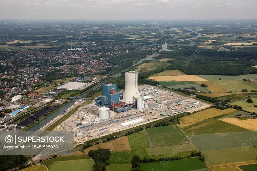 Aerial view, EON Datteln 4 Power Station, Dortmund-Ems Canal, Datteln, Ruhr Area, North Rhine-Westphalia, Germany, Europe