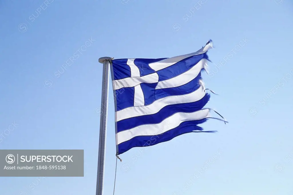 Worn Greek national flag, symbolic image for the economic crisis, Greece, Europe