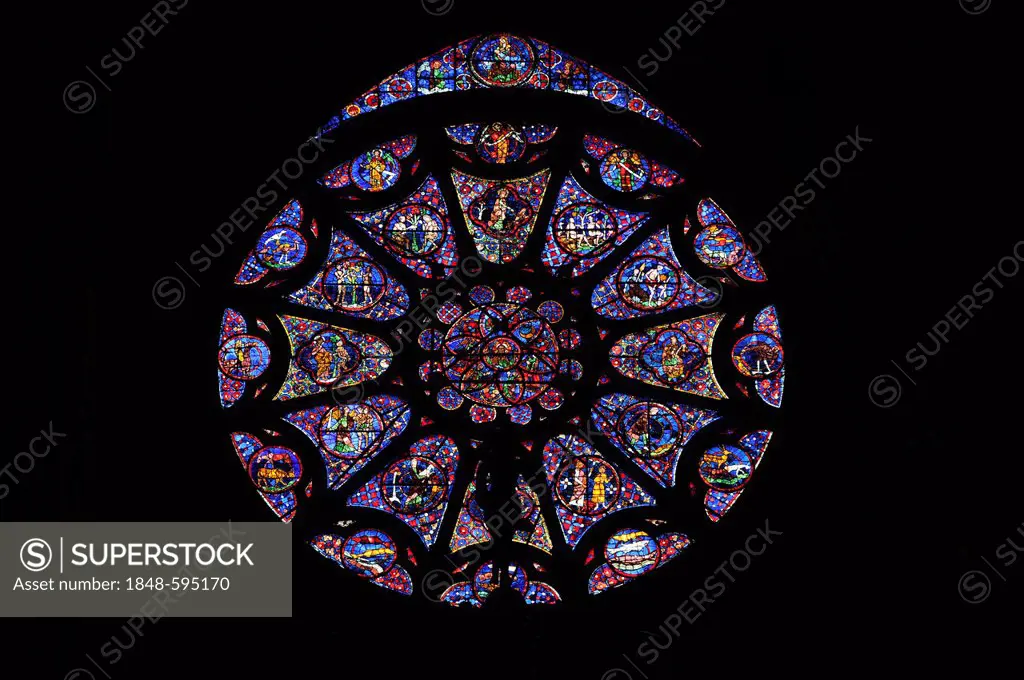 Rose window, historic stained glass window, west facade, Cathedral of Notre-Dame Cathedral, UNESCO World Heritage Site, Reims, Champagne, France, Euro...
