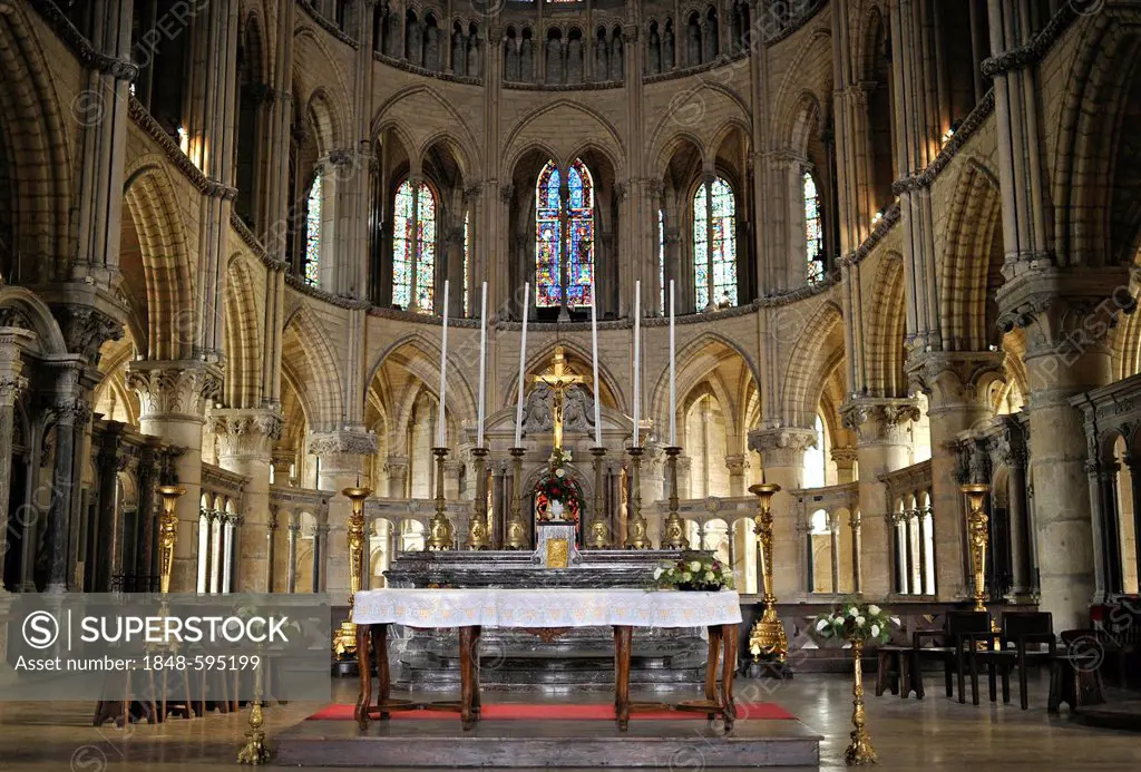 Altar and sanctuary, historic glass windows from the 12th century, basilica Abbey of Saint-Remi, UNESCO World Heritage Site, Reims, Champagne-Ardenne,...