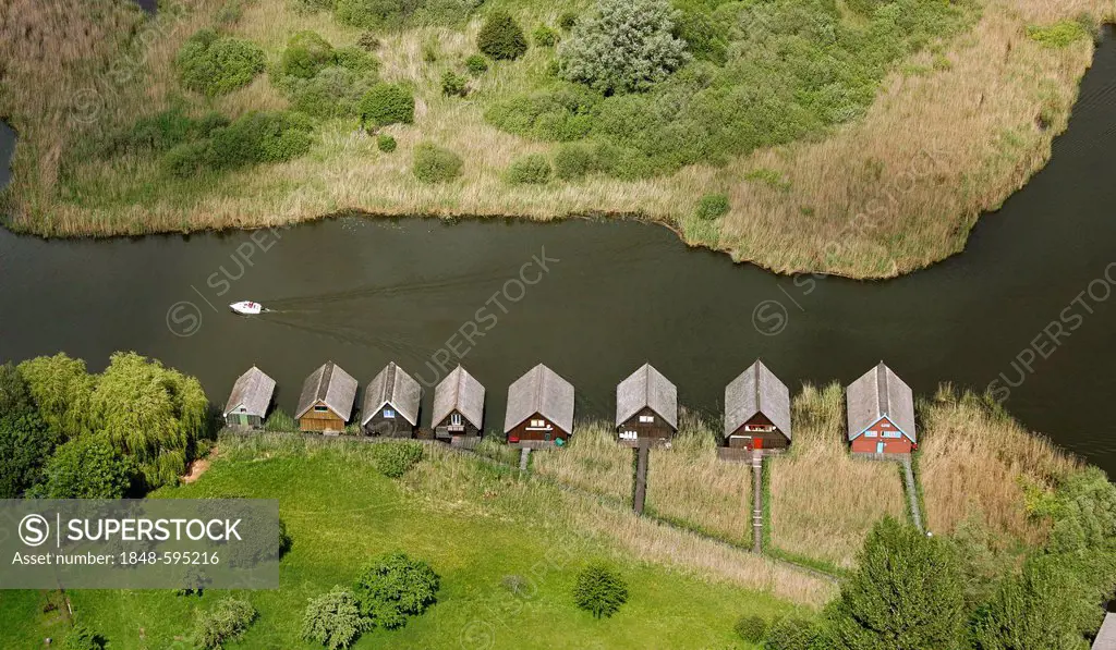 Aerial view, boat houses, Roebel, Mueritz, Mecklenburg-Western Pomerania, Germany, Europe
