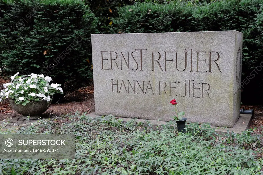 Memorial grave of Ernst Reuter, mayor of West Berlin during the Berlin blockade, and his wife Hanna, Waldfriedhof Zehlendorf cemetery, Berlin, Germany...