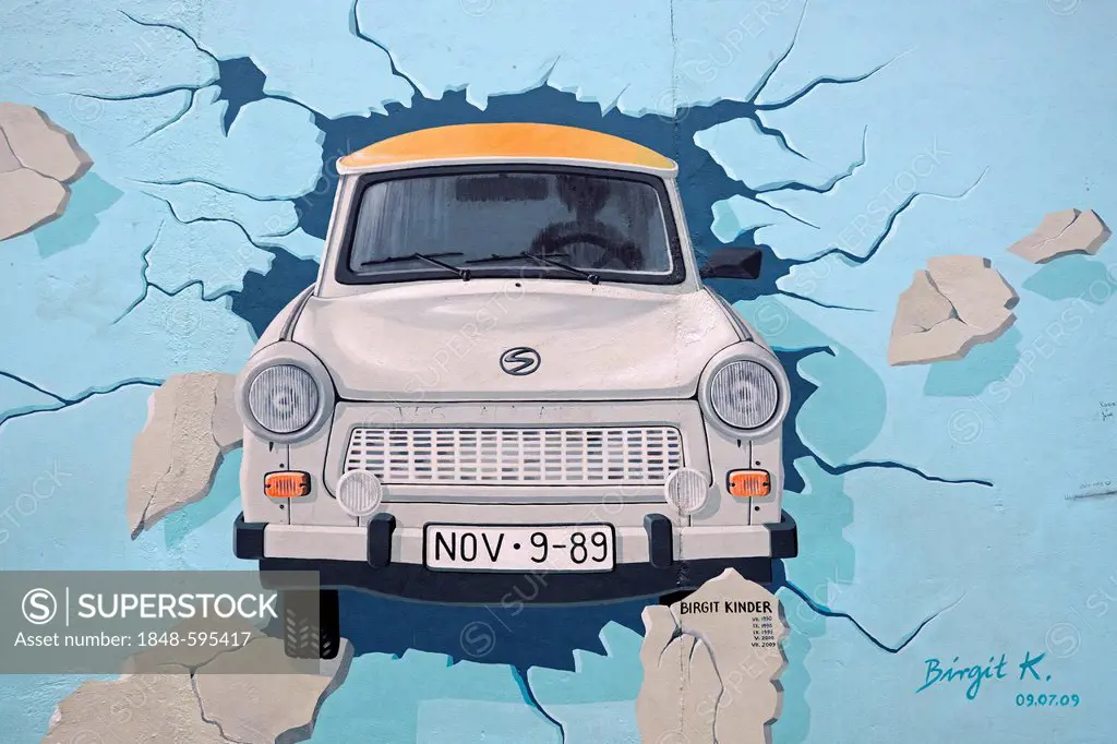 Test the Rest, Trabant breaking through the Berlin wall, mural by Birgit Kinder, Berlin Wall, East Side Gallery, Berlin, Germany, Europe