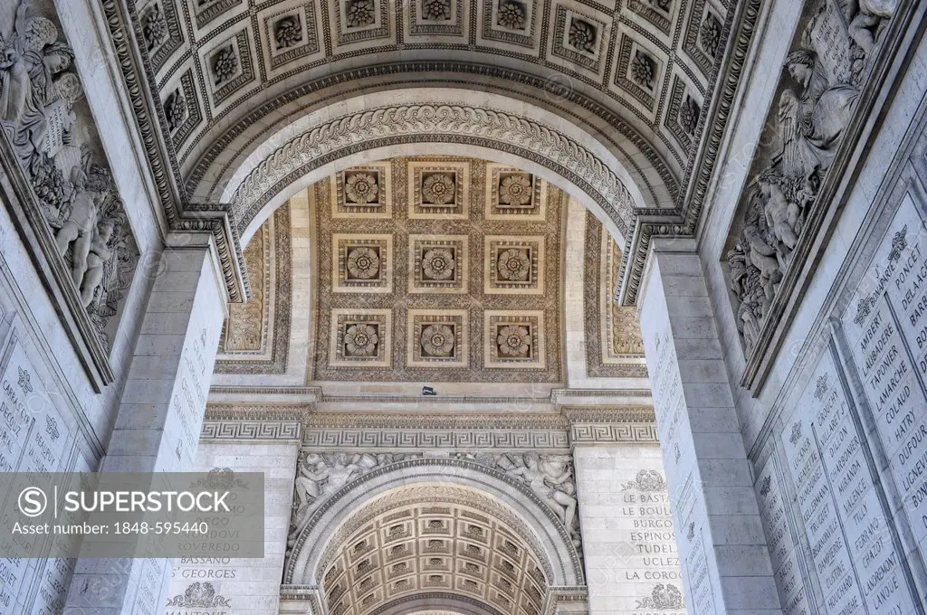 Reliefs, names, and inscriptions, Arc de Triomphe triumphal arch from below, Place Charles de Gaulle, historic axis, Paris, France, Europe, PublicGrou...