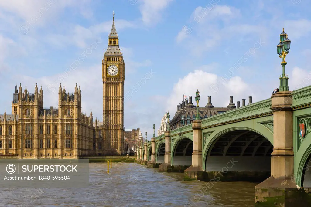 Westminster Bridge and Big Ben, the Clock Tower of the Palace of Westminster, Houses of Parliament, Westminster, from Lambeth, London, England, United...