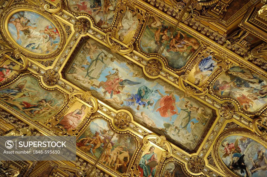 Interior, ceiling painting by Paul Baudry with motifs from music history, Grand Foyer, Opéra Garnier, Paris, France, Europe