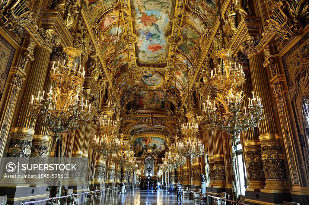 Interior, Grand Foyer with ceiling painting by Paul Baudry with motifs from music history, Opera Palais Garnier, Paris, France, Europe