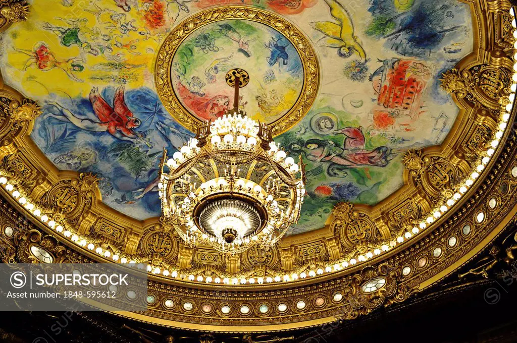 Interior, crystal chandeliers and ceiling painting of Apollo with lyre by Marc Chagall in the dome, auditorium, Salle de Spectacle, Opera Garnier, Par...