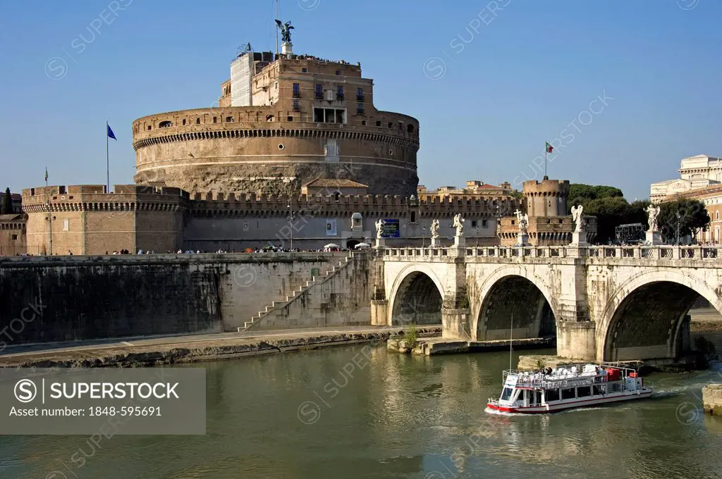 Castel Sant'Angelo or Mausoleum of Hadrian and bridge Ponte Sant'Angelo, Tiber river with ship, Rome, Lazio, Italy, Europe