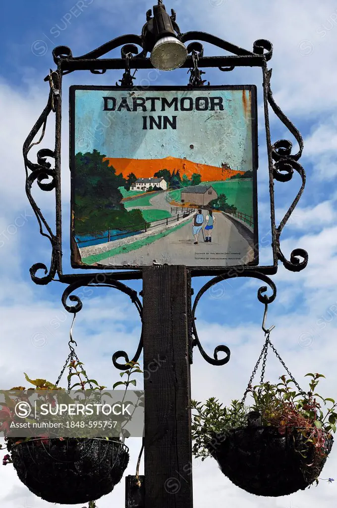 Inn sign, Dartmoor Inn, Marrivale, Dartmoor, Devon, England, United Kingdom, Europe