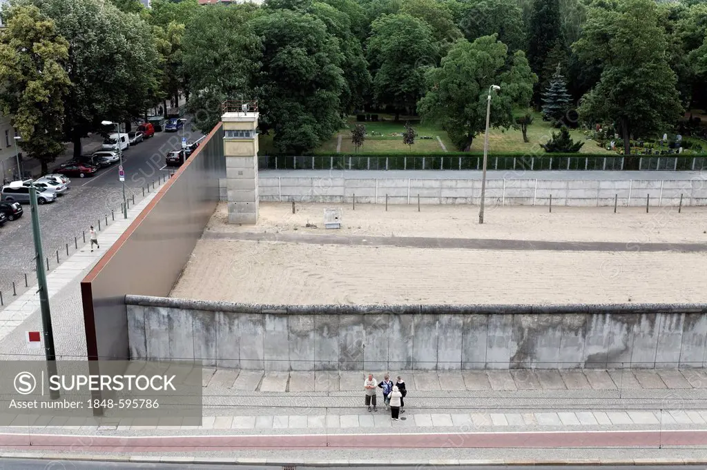 Death strip with former watchtower, Berlin Wall Memorial, Bernauer Strasse, Mitte quarter, Berlin, Germany, Europe