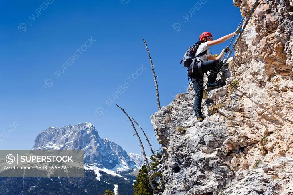 Mountain climber ascending the Stevia climbing route in Vallunga Valley near Selva, in front of Sassolungo Mountain, Val Gardena, Dolomites, Alto Adig...