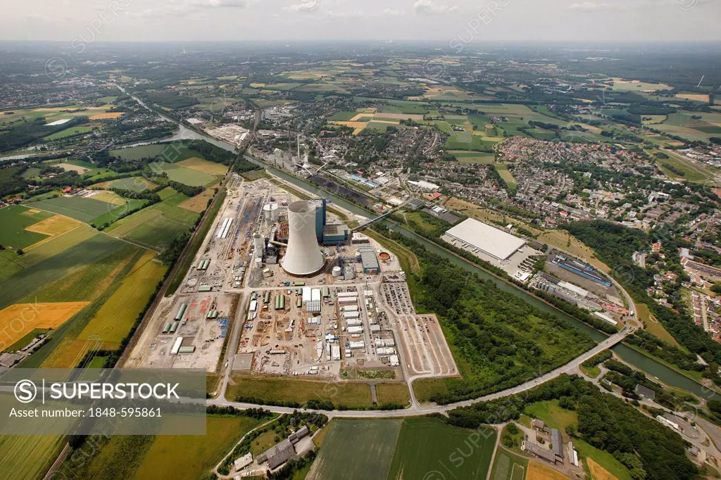Aerial view, EON Datteln 4 Power Station, Dortmund-Ems Canal, Datteln, Ruhr Area, North Rhine-Westphalia, Germany, Europe