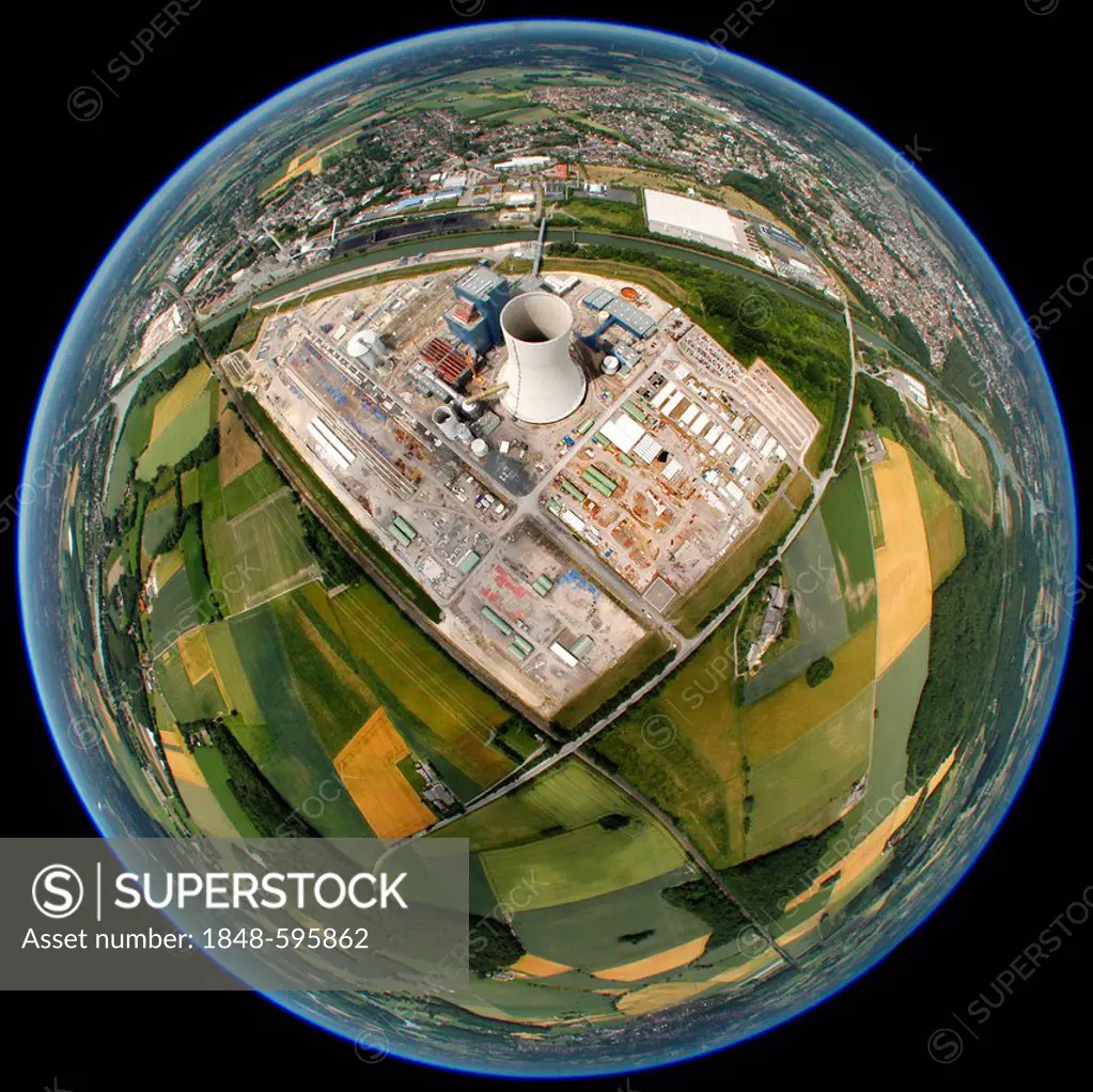 Aerial view, fisheye shot, EON Datteln 4 Power Station, Dortmund-Ems Canal, Datteln, Ruhr Area, North Rhine-Westphalia, Germany, Europe