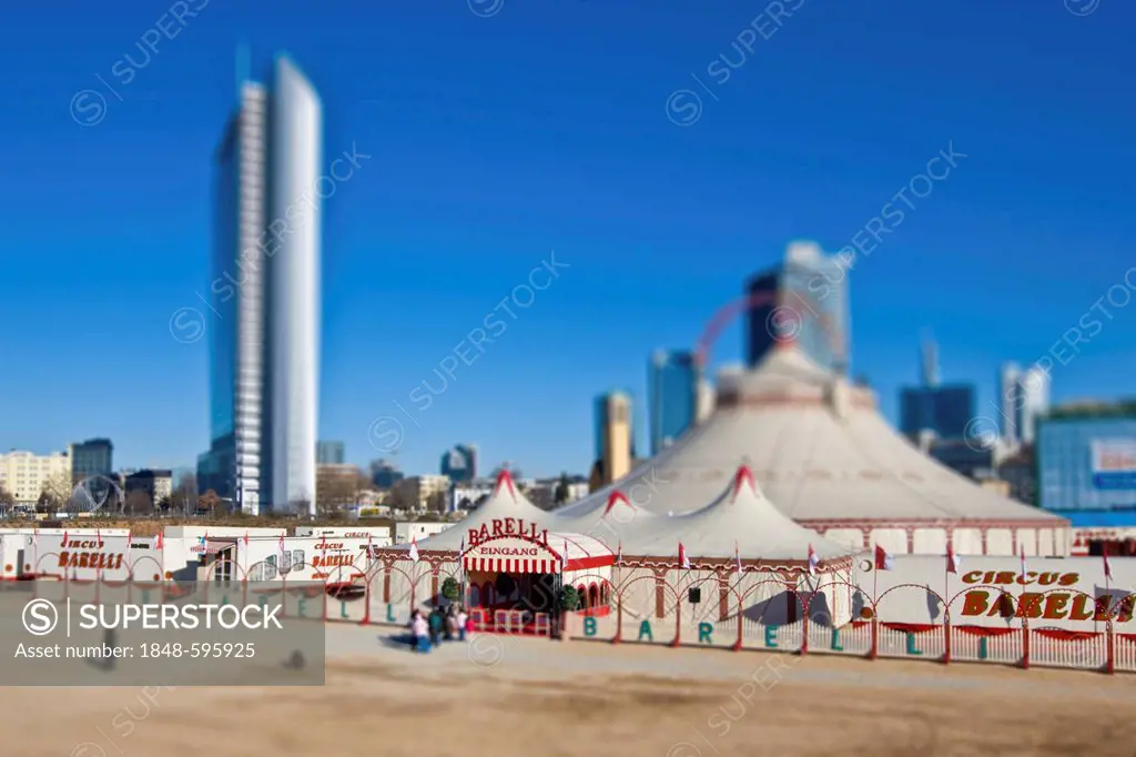 Circus Barelli in the European quarter, with Pollux Tower in the distance, tilt-shift effect to give the impression of a miniature model due to reduce...
