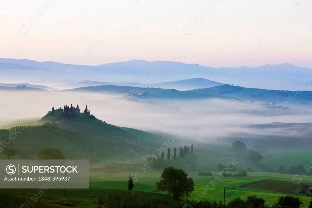 Podere Belvedere in the morning fog, San Quirico, Val d'Orcia, Tuscany, Italy, Europe, PublicGround