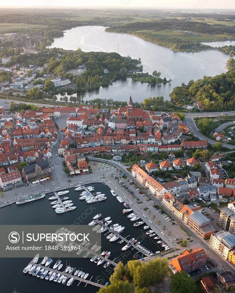 Aerial view, harbour, Waren, Mueritz county, Mecklenburg-Western Pomerania, Germany, Europe
