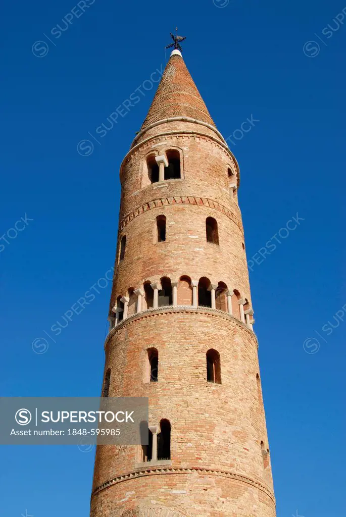 Round steeple, Romanesque belfry or bell tower, Catholic Cathedral of St. Stephen, Caorle, Venice Province, Veneto, Italy, Europe