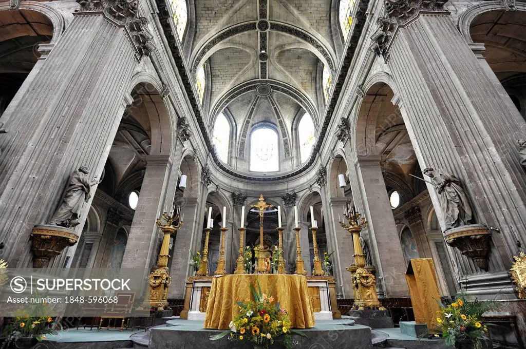 Nave and altar, Catholic parish church of Saint-Sulpice de Paris, Saint-Germain-des-Prés, Paris, France, Europe