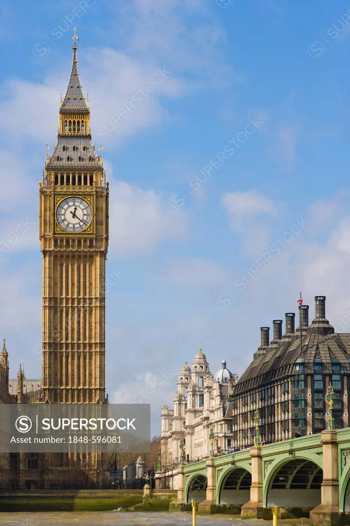 Westminster Bridge and Big Ben, the Clock Tower of the Palace of Westminster, Houses of Parliament, City of Westminster, from Lambeth, London, England...
