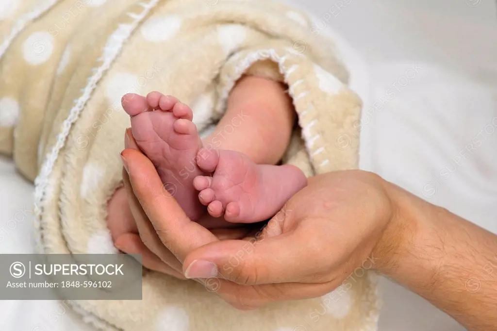 Father's hand holding feet of newborn baby