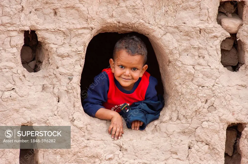 A young boy looking curiously out of the window opening of a decaying kasbah, Tighremt or Berber residential castle made from rammed earth, Lower Dade...