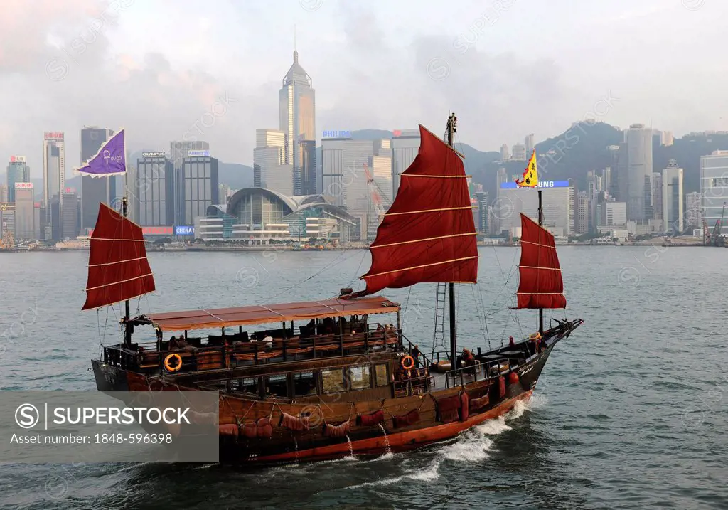 Sailing ship in front of Hong Kong skyline, China, Asia